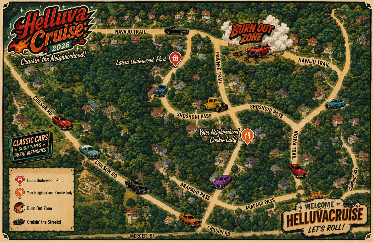 Illustrated Helluva Cruise route map of the Arrowhead neighborhood